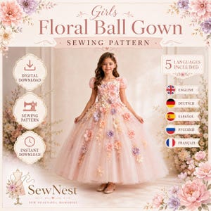 Puede incluir: Un patrón de costura digital para un vestido de gala largo hasta el suelo con aplicaciones florales tridimensionales en tonos rosa, melocotón y morado. El texto dice Girls Floral Ball Gown Sewing Pattern, Digital Download y 5 Languages Included.