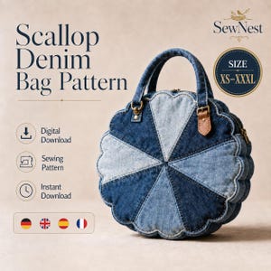 Scallop Denim Bag Sewing Pattern PDF, Quilted Flower Handbag Pattern, Patchwork Purse Sewing Pattern, DIY Fabric Bag, Instant Download