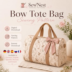 Può includere: Un cartamodello per borsa tote intitolato Bow Tote Bag di SewNest. La borsa presenta un tessuto color crema con una stampa marrone di cervi e fogliame, manici marrone chiaro e un fiocco rosa. Testo: Digital Download, Sewing Pattern, Instant Download.