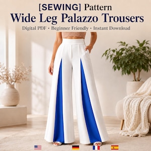 May include: A sewing pattern for wide leg palazzo trousers featuring a digital PDF format. The trousers are white with vertical blue panels on the front, a high waistband, and side pockets. The text reads [SEWING] Pattern Wide Leg Palazzo Trousers.