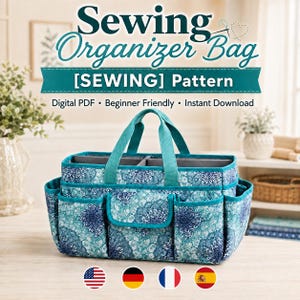 May include: A teal and blue patterned sewing organiser bag with multiple exterior pockets, two top handles, and an open interior compartment. The text reads Sewing Organizer Bag [SEWING] Pattern, Digital PDF, Beginner Friendly, Instant Download.