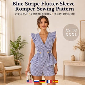 May include: A blue and white striped romper sewing pattern featuring flutter sleeves, a V-neckline, and a double-breasted bodice with two gold buttons. The text reads Blue Stripe Flutter-Sleeve Romper Sewing Pattern, Digital PDF, Beginner Friendly, Instant Download, and XS TO XXXL.