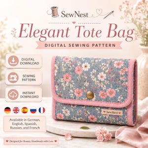 May include: A rectangular fabric wallet featuring a blue background with a pink and white floral pattern, finished with pink trim and a gold-tone snap button. The front includes a small rectangular label with the text SewNest.