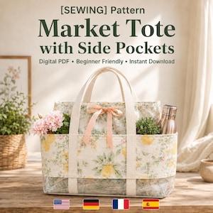 May include: A tote bag featuring a cream-colored fabric with a yellow lemon and green leaf print, two sturdy handles, side pockets, and a light pink ribbon tie. The text reads: [SEWING] Pattern Market Tote with Side Pockets Digital PDF • Beginner Friendly • Instant Download.