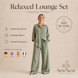 May include: A sage green relaxed lounge set sewing pattern featuring a long-sleeved button-down shirt and wide-leg trousers. The digital download includes sizes XS-XXXL and is available in four languages. The text reads Relaxed Lounge Set.
