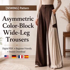 Peut inclure: Pantalon large avec un design asymétrique en blocs de couleurs marron foncé et crème. Le vêtement présente une taille haute avec fermeture à bouton, des poches latérales et des plis verticaux sur le panneau crème. Le texte indique [SEWING] Pattern, Asymmetric Color-Block Wide-Leg Trousers, Digital PDF, Beginner Friendly, Instant Download.