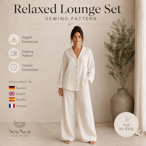 May include: A digital sewing pattern for a Relaxed Lounge Set, featuring a long-sleeved button-down shirt and wide-leg trousers in an off-white color. The text includes Relaxed Lounge Set, Sewing Pattern, Digital Download, and size range XS-XXXL.