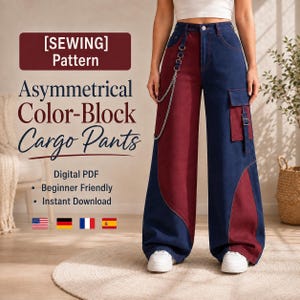 May include: Asymmetrical color-block cargo pants featuring a deep navy blue and dark red panel design. The pants include a silver-toned metal chain attached to the front waistband, a side cargo pocket with a strap, and a button-fly closure.