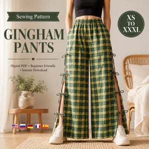 May include: Wide-leg trousers featuring a green and yellow gingham plaid pattern with side slits secured by thin fabric ties. The text reads Sewing Pattern GINGHAM PANTS, Digital PDF, Beginner Friendly, Instant Download, and XS TO XXXL.