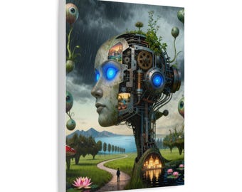 Surreal Robot Head Landscape Canvas | Matte Stretched Wall Art