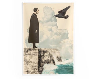 Man on Cliff with Raven Indoor Wall Tapestry | Surreal Art