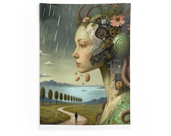 Surreal Mechanical Maiden indoor wall tapestry | Fantasy landscape, steampunk portrait