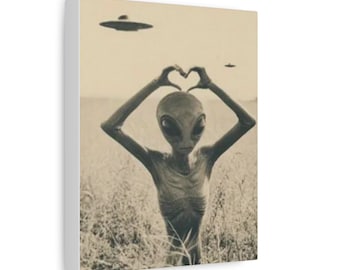 Alien Making Heart Hands Canvas | UFO Vintage Sepia Wall Art