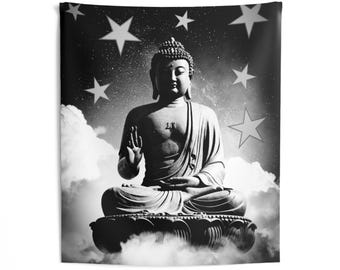 Buddha in Clouds Indoor Wall Tapestry | Meditative Monochrome Stars