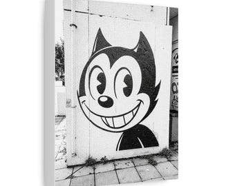 Retro Cartoon Cat Wall Art Canvas | Black and White Street Mural