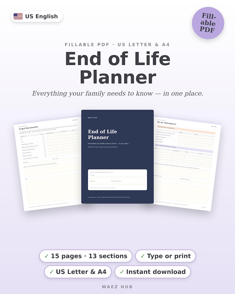 End of Life Planner Fillable PDF | in Case of Emergency Binder | Final ...