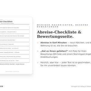 Abreise-Checkliste mit neun Punkten und Bewertungsseite mit Platz für QR-Code
