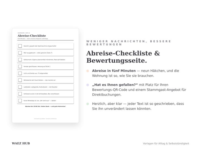 Abreise-Checkliste mit neun Punkten und Bewertungsseite mit Platz für QR-Code