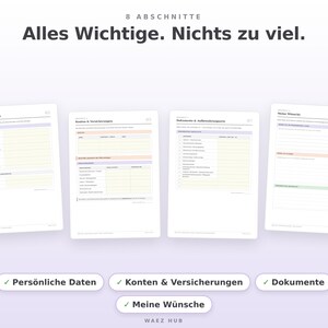 Weitere Abschnitte: persönliche Daten, Konten und Versicherungen, Dokumente, Meine Wünsche