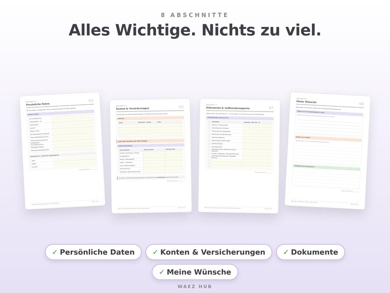 Weitere Abschnitte: persönliche Daten, Konten und Versicherungen, Dokumente, Meine Wünsche