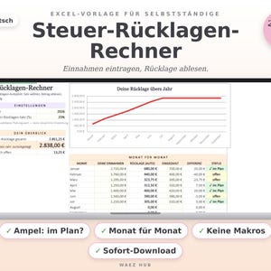 Excel-Vorlage Steuer-Rücklagen-Rechner für Selbstständige: Dashboard mit Monatstabelle, Diagramm und Kennzahlen — Überschrift: Nie wieder Stress mit der Steuer-Rücklage