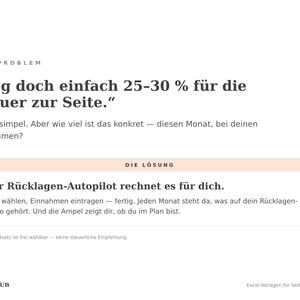 Problem und Lösung: 25 bis 30 Prozent für die Steuer zur Seite legen — der Rücklagen-Autopilot berechnet den Monatsbetrag automatisch