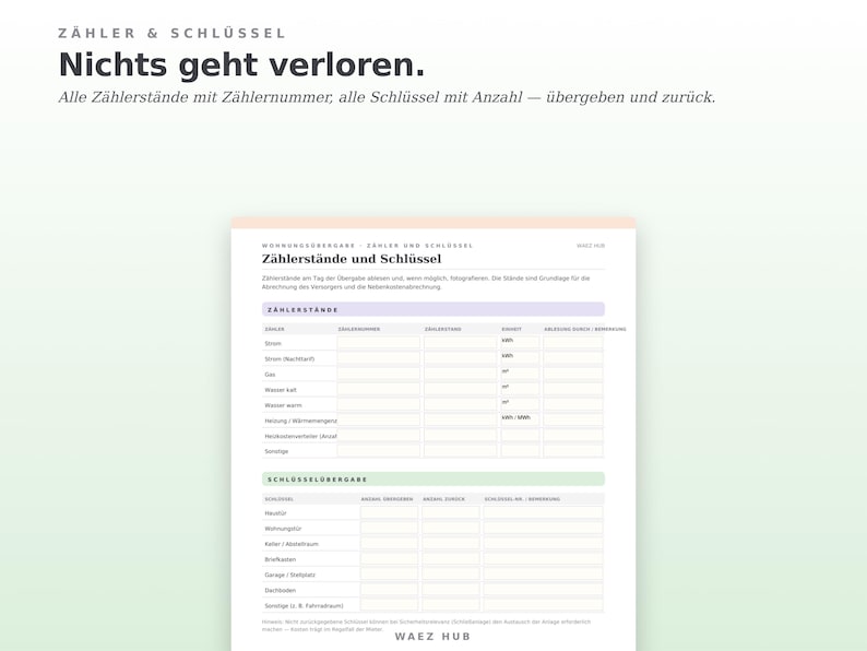 Seite Zählerstände und Schlüsselübergabe mit Zählernummern und Anzahl