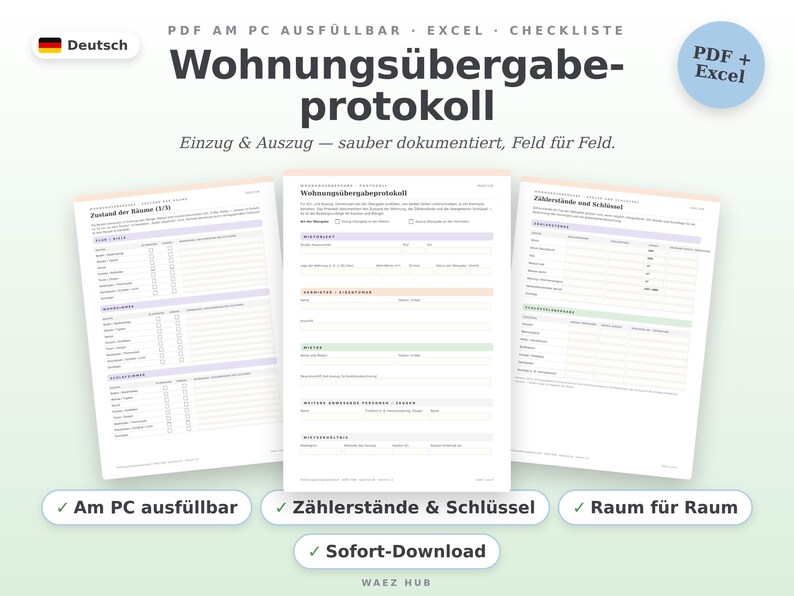 Wohnungsübergabeprotokoll als ausfüllbares PDF und Excel-Vorlage auf Deutsch — Deckblatt und Zählerstände