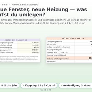 Blatt Modernisierung nach § 559 BGB: Kosten, Abzüge, 8 Prozent pro Jahr und Kappung je Quadratmeter