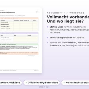 Abschnitt Vorsorge-Dokumente: Status-Checkliste für Vollmacht, Patientenverfügung und Testament mit Verweis auf offizielle Formulare