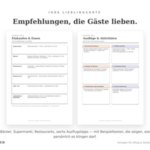 Empfehlungsseiten: Einkaufen und Essen in der Nähe sowie sechs Ausflugstipps mit Beispieltexten