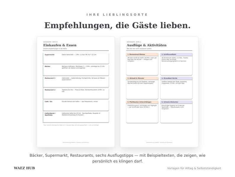 Empfehlungsseiten: Einkaufen und Essen in der Nähe sowie sechs Ausflugstipps mit Beispieltexten