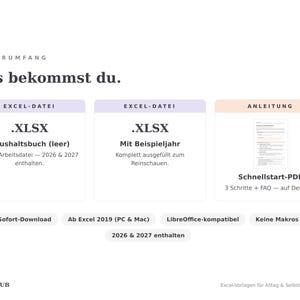 Lieferumfang: vier Excel-Dateien für 2026 und 2027 plus deutsche Schnellstart-Anleitung als PDF