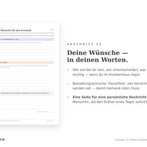 Abschnitt Meine Wünsche für den Ernstfall mit Platz für Krankenhaus-Wünsche, Bestattung und persönliche Nachricht