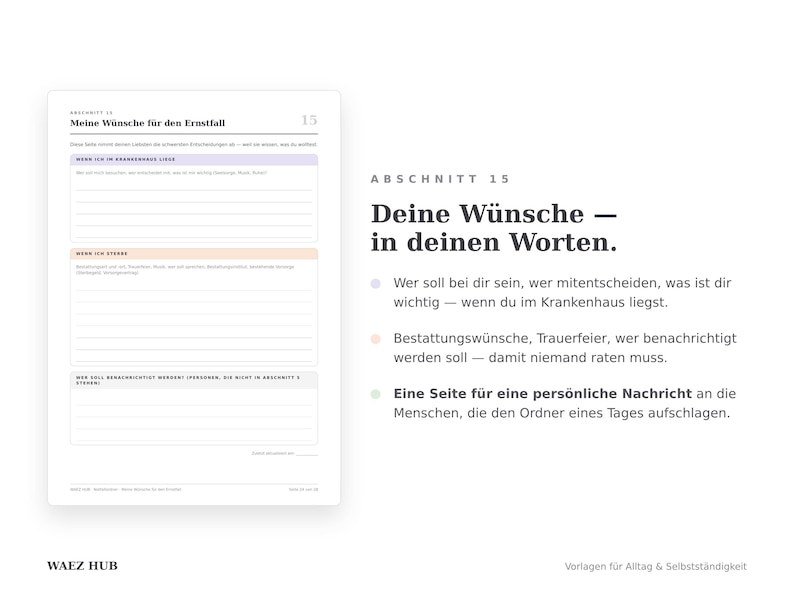 Abschnitt Meine Wünsche für den Ernstfall mit Platz für Krankenhaus-Wünsche, Bestattung und persönliche Nachricht