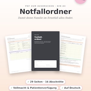 Notfallordner Vorlage PDF zum Ausdrucken | Vorsorgeordner Familie Deutsch | Notfallmappe mit Checklisten für Vollmacht, Dokumente & Finanzen