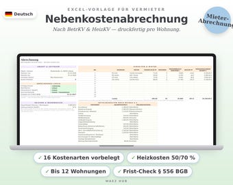 Modèle Excel de facture de services publics 2026/2027 | Calculateur de charges locatives pour les propriétaires selon la loi allemande sur les charges locatives (BetrKV) et la loi allemande sur les charges de chauffage (HeizKV) | Facturation des locataires | Télécharger