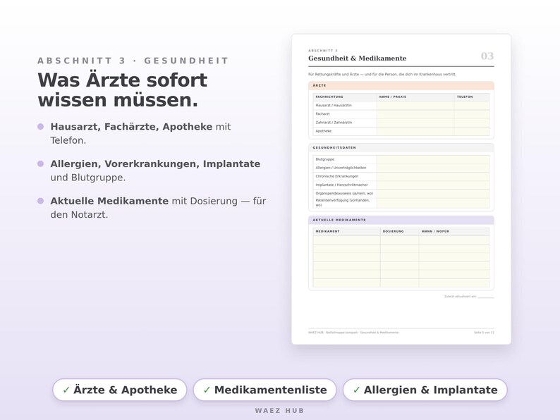 Abschnitt Gesundheit: Ärzte, Apotheke, Allergien, Vorerkrankungen und Medikamentenliste