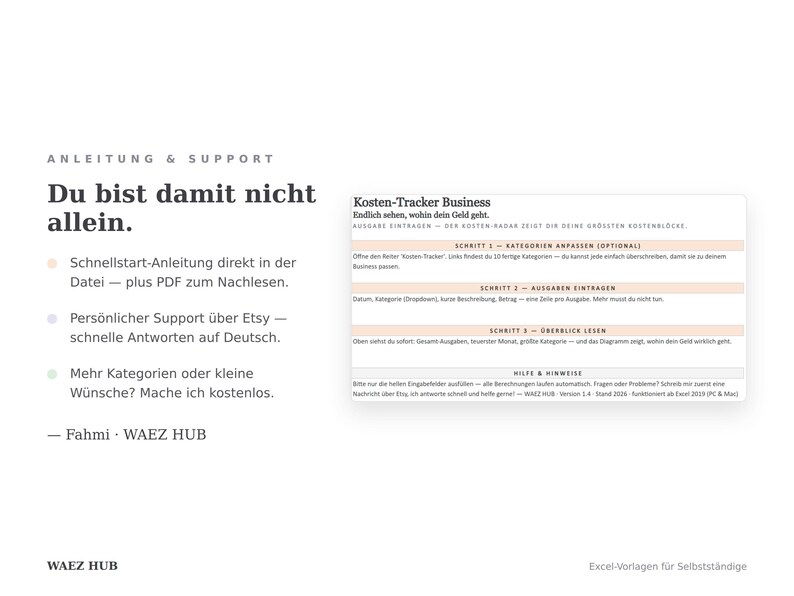 Start-Tab der Vorlage mit deutscher Schritt-für-Schritt-Anleitung und Hinweis auf persönlichen Support