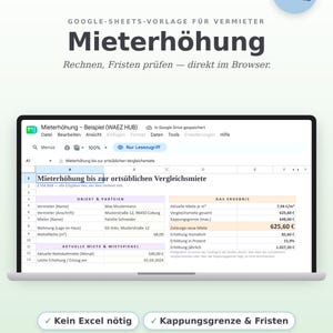 Google-Sheets-Vorlage Mieterhöhung im Laptop: Eingaben links, zulässige neue Miete rechts