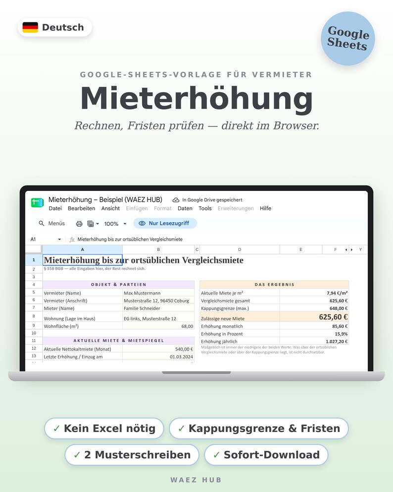 Google-Sheets-Vorlage Mieterhöhung im Laptop: Eingaben links, zulässige neue Miete rechts