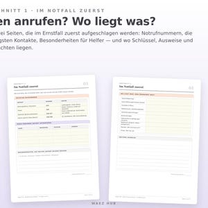 Abschnitt Im Notfall zuerst: Notrufnummern, Kontakte, Hinweise für Helfer und wo liegt was