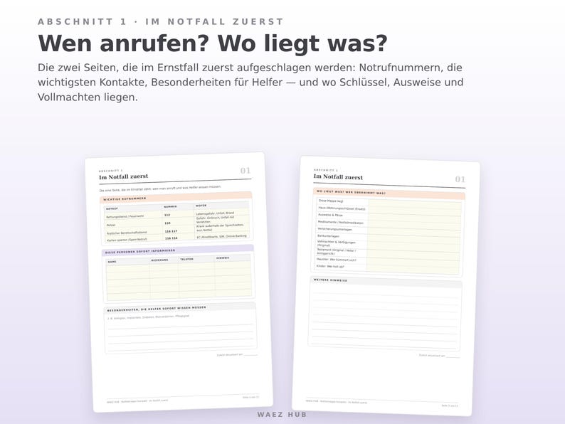 Abschnitt Im Notfall zuerst: Notrufnummern, Kontakte, Hinweise für Helfer und wo liegt was