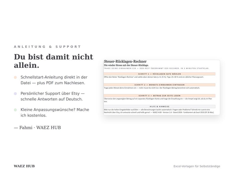 Start-Tab der Vorlage mit deutscher Schritt-für-Schritt-Anleitung und Hinweis auf persönlichen Support