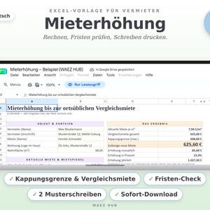 Excel-Vorlage Mieterhöhung im Laptop: Eingaben links, zulässige neue Miete rechts