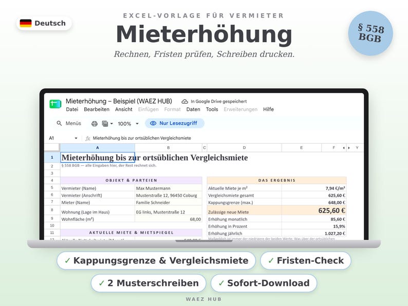 Excel-Vorlage Mieterhöhung im Laptop: Eingaben links, zulässige neue Miete rechts