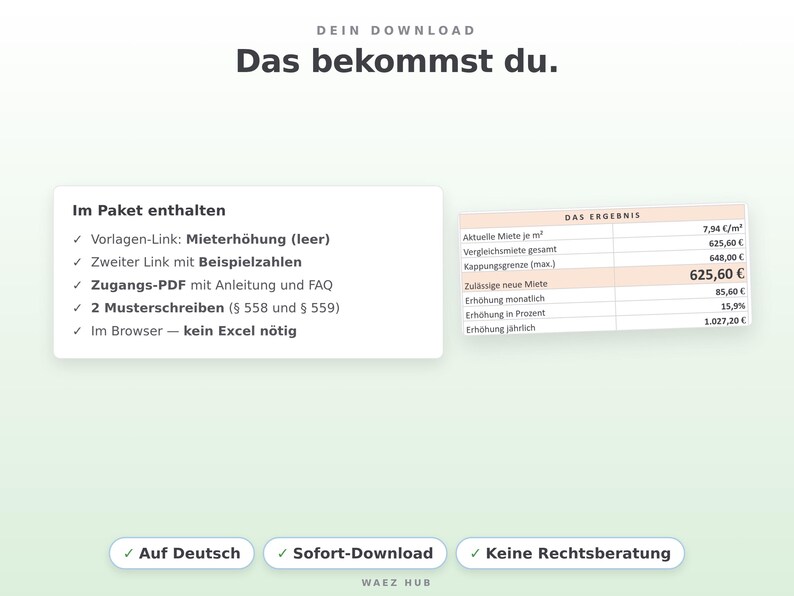 Lieferumfang: zwei Google-Sheets-Vorlagen und deutsche Zugangs-Anleitung als PDF