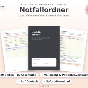 Notfallordner als PDF-Vorlage auf Deutsch: Deckblatt und Notfallseite mit wichtigen Rufnummern und Kontakten