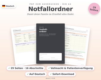 Modèle de dossier d'urgence PDF à imprimer | Dossier de planification anticipée des soins familiaux (allemand) | Dossier d'urgence avec listes de contrôle pour la procuration, les documents et les finances