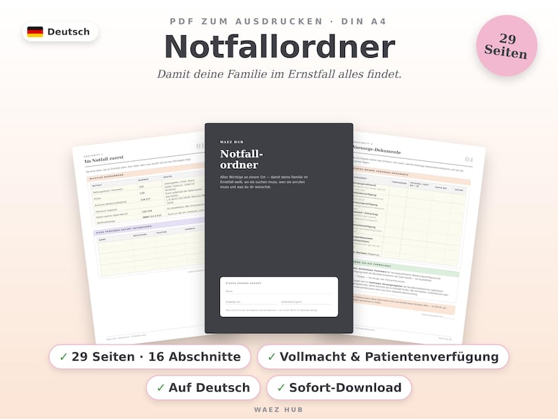 Notfallordner als PDF-Vorlage auf Deutsch: Deckblatt und Notfallseite mit wichtigen Rufnummern und Kontakten